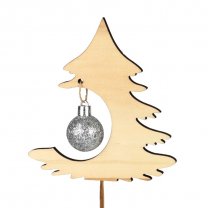 Houten kerstboom met zilveren kerstbal, 12cm