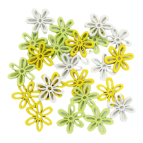 1 + 1 GRATIS; Houten bloemenmix wit-geel-groen, Setje van 24 stuks
