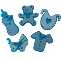 Setje van 5 blauwe vilten geboorte figuren, 5cm