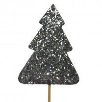 Bijsteker Kerstboom van grijs vilt met grijze glitters, 9.5cm