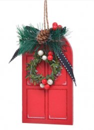 Rode houten deur met een krans, 14cm