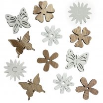 Verschillende witte en naturel houten bloemen en vlinders 4cm, 12 stuks