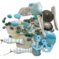 Blauwe schelpenmix met zeesterren, visjes en houten ankertjes