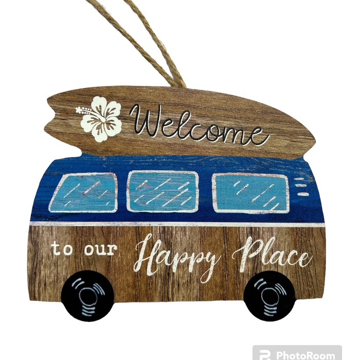 Houten Camper Welcome to our happy place, 15xH12cm