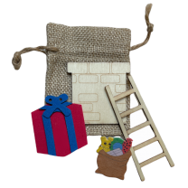 Gemengd setje met jute zakje, kadootje , ladder en schoorsteen