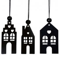 Set van drie zwart metalen huisjes hangers,  8cm